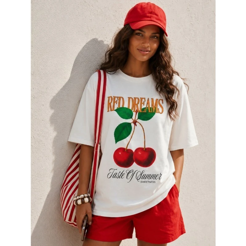 Stamp Graphic Oversized Women T-shirt Loose Fit 100% Cotton Casual Short Sleeve Street Fashion Tees