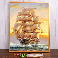 Boat Landscape Ship Printed Canvas 11CT Cross Stitch Full Kit DIY Embroidery DMC Threads Hobby Handiwork Knitting    Counted