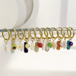Asymmetric Colorful Geometric Dasiy Flower Natural Stones Pendants Drop Dangle Earrings for Women Stainless Steel Hoop Earrings