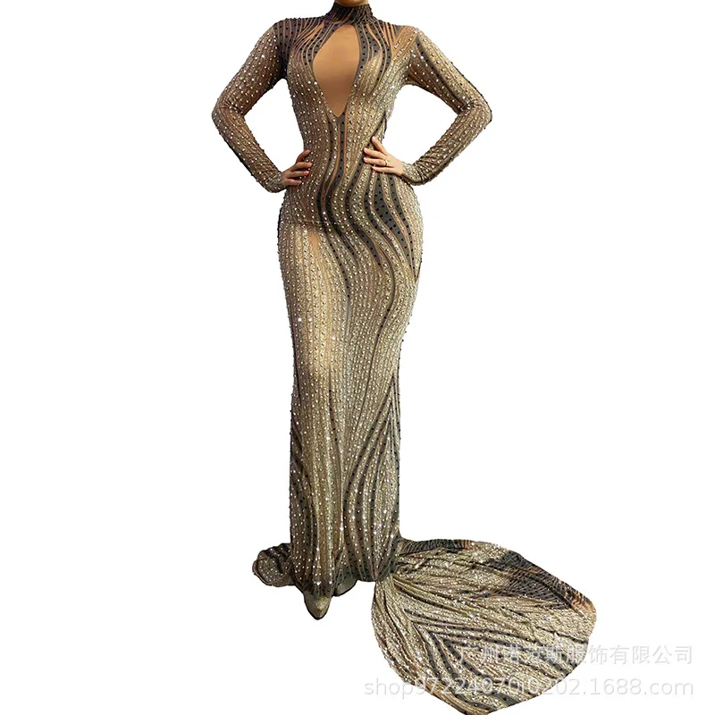 Glam Rhinestone Hip Fishtail Dress Adult Model Catwalk Trendy New Year's Day Party Host Dress Vestidos De Fiesta Elegante Señora