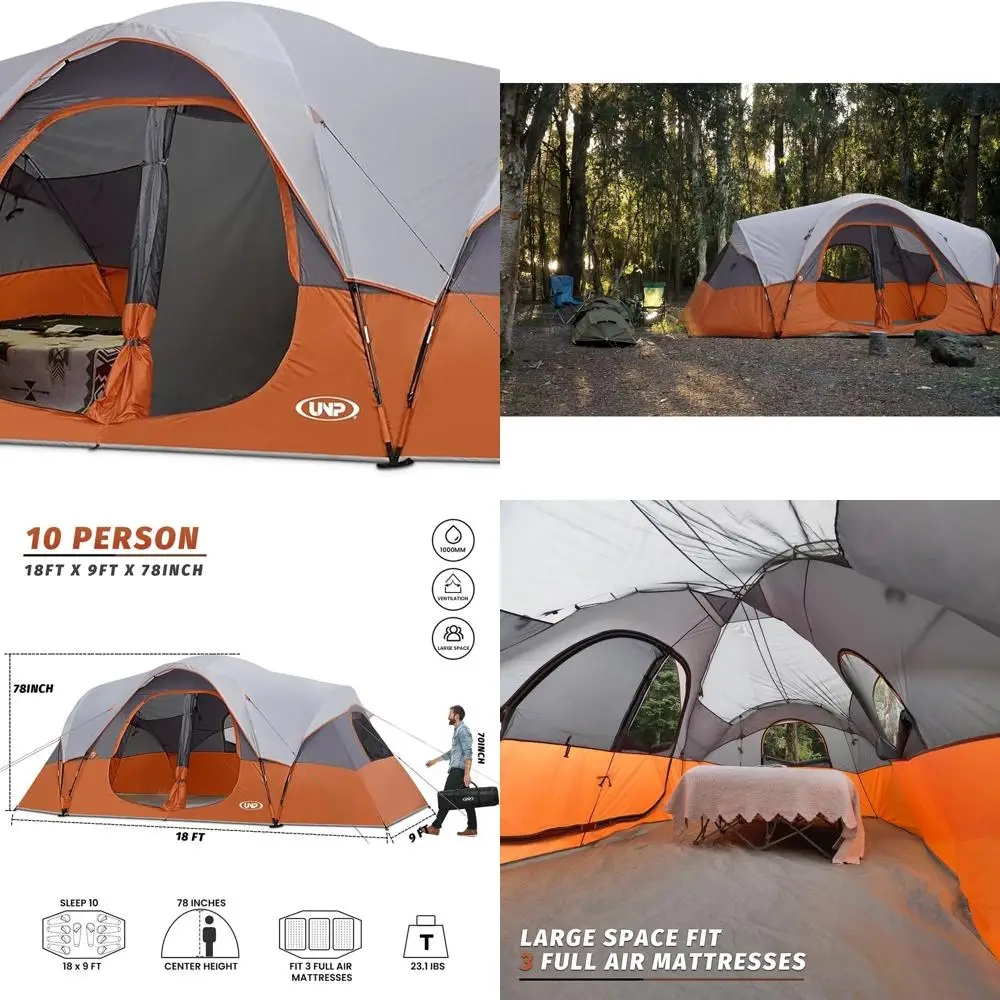 

Spacious 10-Person Camping Tent for Families, Parties, and Festivals: Easy Setup, 5 Mesh Windows, Double Layer, Waterproof, 18ft