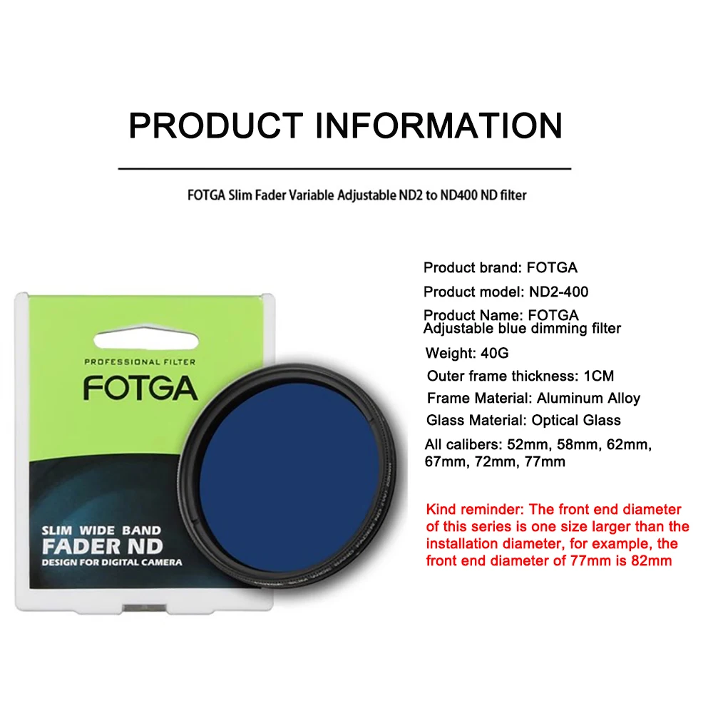 FOTGA Slim Adjustable Color Fader ND Blue Lens Filter Light Reducing 52/58/62/67/72/77mm Filter Adjustable Blue Dimming Filter