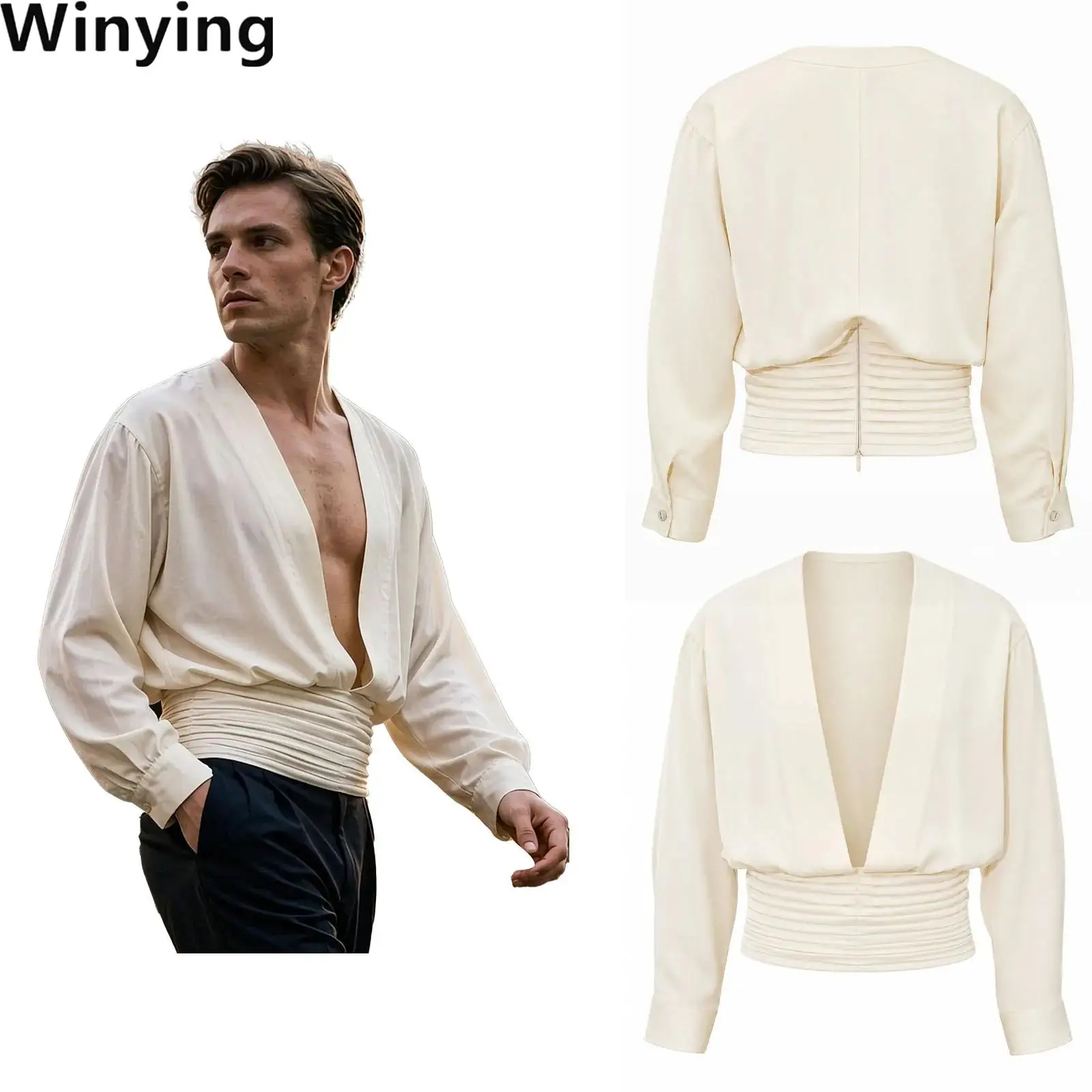 Men Deep V Neck Shirt Pleated Waist Satin Shirt Long Sleeve Zipper Tops for Party Music Festivals Concert Stage Performance