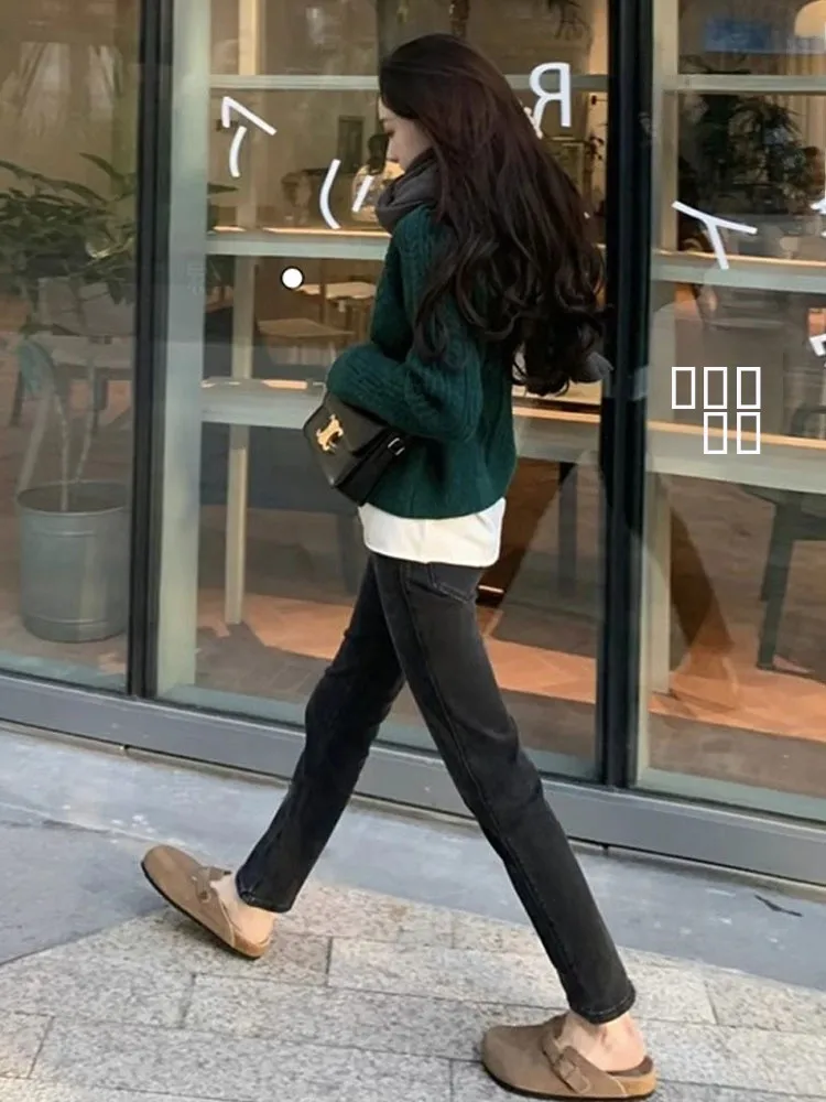 Hochgeschnittene, gefütterte Straight-Leg-Jeans für Damen, Herbst-Winter, Übergröße, Dreiviertel-Hose, lässige Baumwollmischung