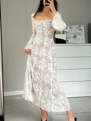 Floral Lace White Dress For Women Summer Sexy Long Sleeve Square Neck Tie-up Long Midi Dresses Wedding Dress Going Out Dress