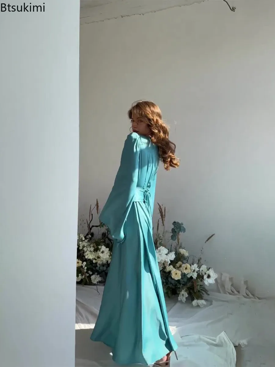 فساتين حريمي أنيقة 2025 ربيع جديد شرابة مضيئة كم فساتين ماكسي ضئيلة النساء الصلبة الساتان س الرقبة مثير فساتين الحفلات رداء