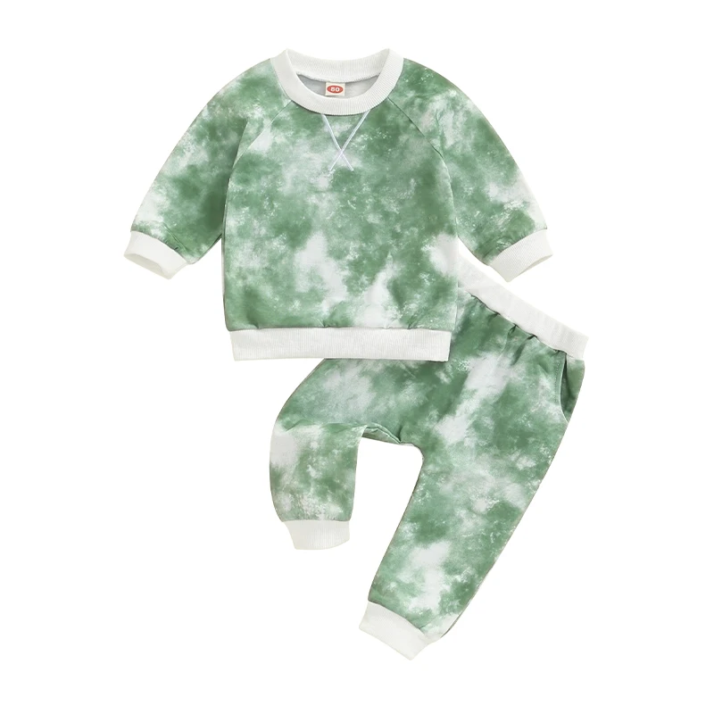 Toddle Baby Boy Spring Fall Long Sleeve Round Neck Tie Dyeing Pullover Pocket Pants Elastic Outfit Clothes Sweatshirt 2 PCS Set