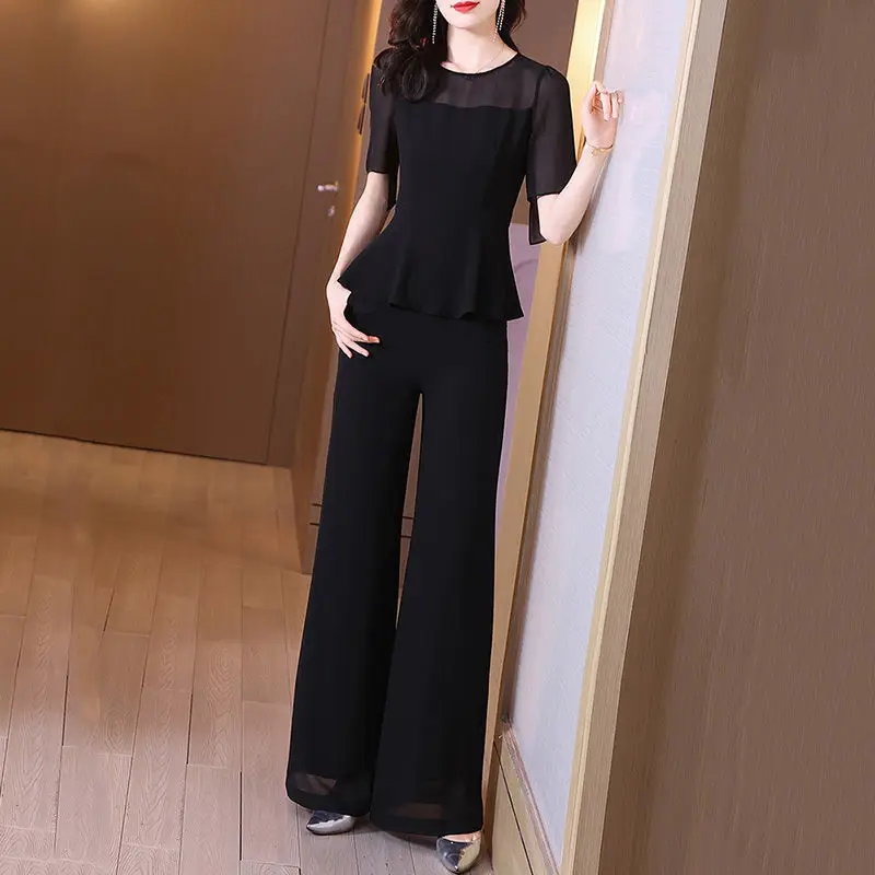 Chiffon Wide Leg Pants Set Women 2022 Summer Suit For Women 2 Piece Sets Women Outfits Fashion Black Women Clothing