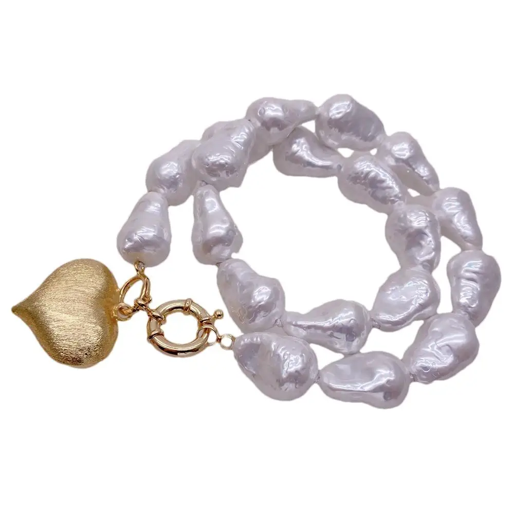 KKGEM 15x22mm White Sea Shell Baroque Necklace 30x26mm Brushed Heart Pendant