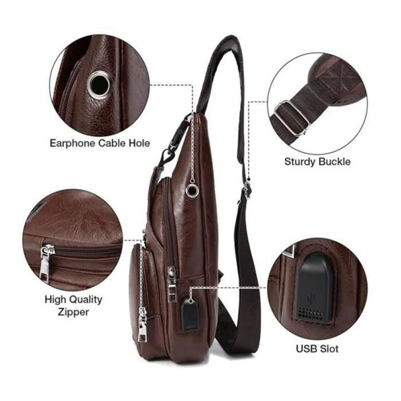 Men's Chest Bag With Charge Port USB Bag Retro Crossbody Pu Leather Vintage Business Bag Pouch For Sport Dark Brown