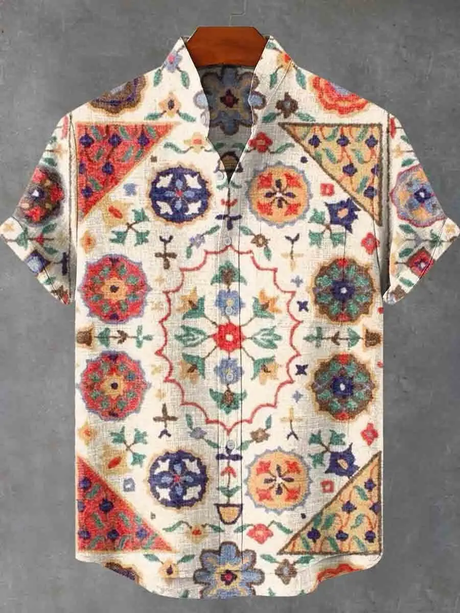 2026 Men's New Totem Flower Pattern Linen Short Sleeve Summer Comfortable Fabric Button Top Fashion New Product Flower Print