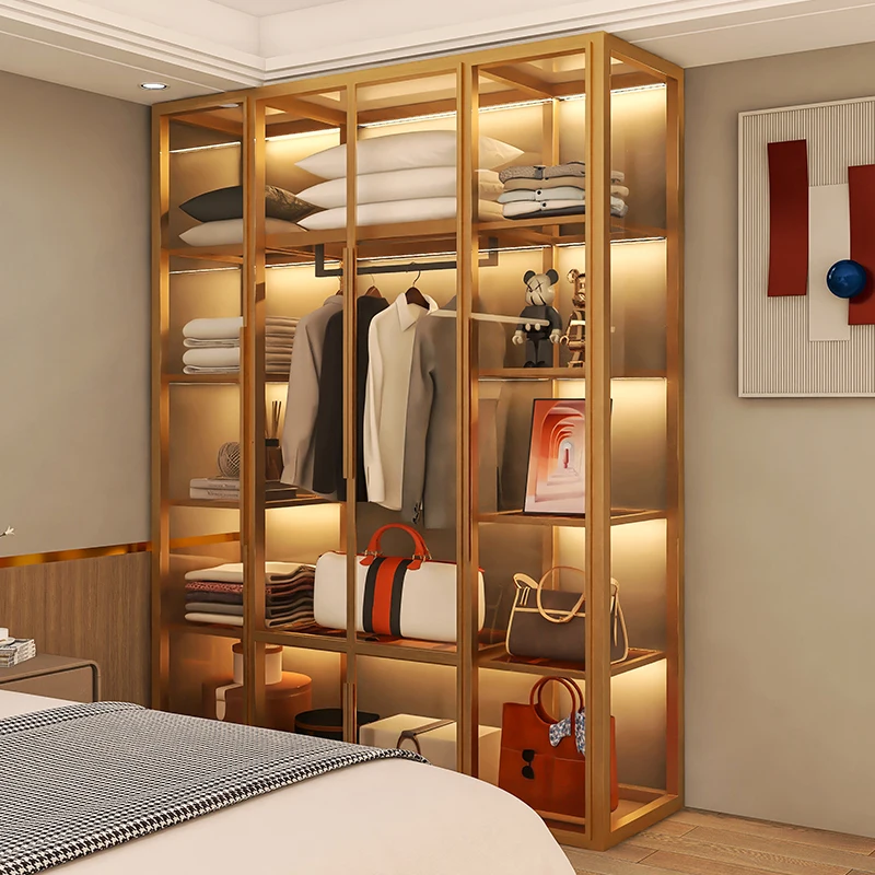 Light luxury metal wardrobe bedroom aluminum alloy large wardrobe combination cloakroom assembly glass