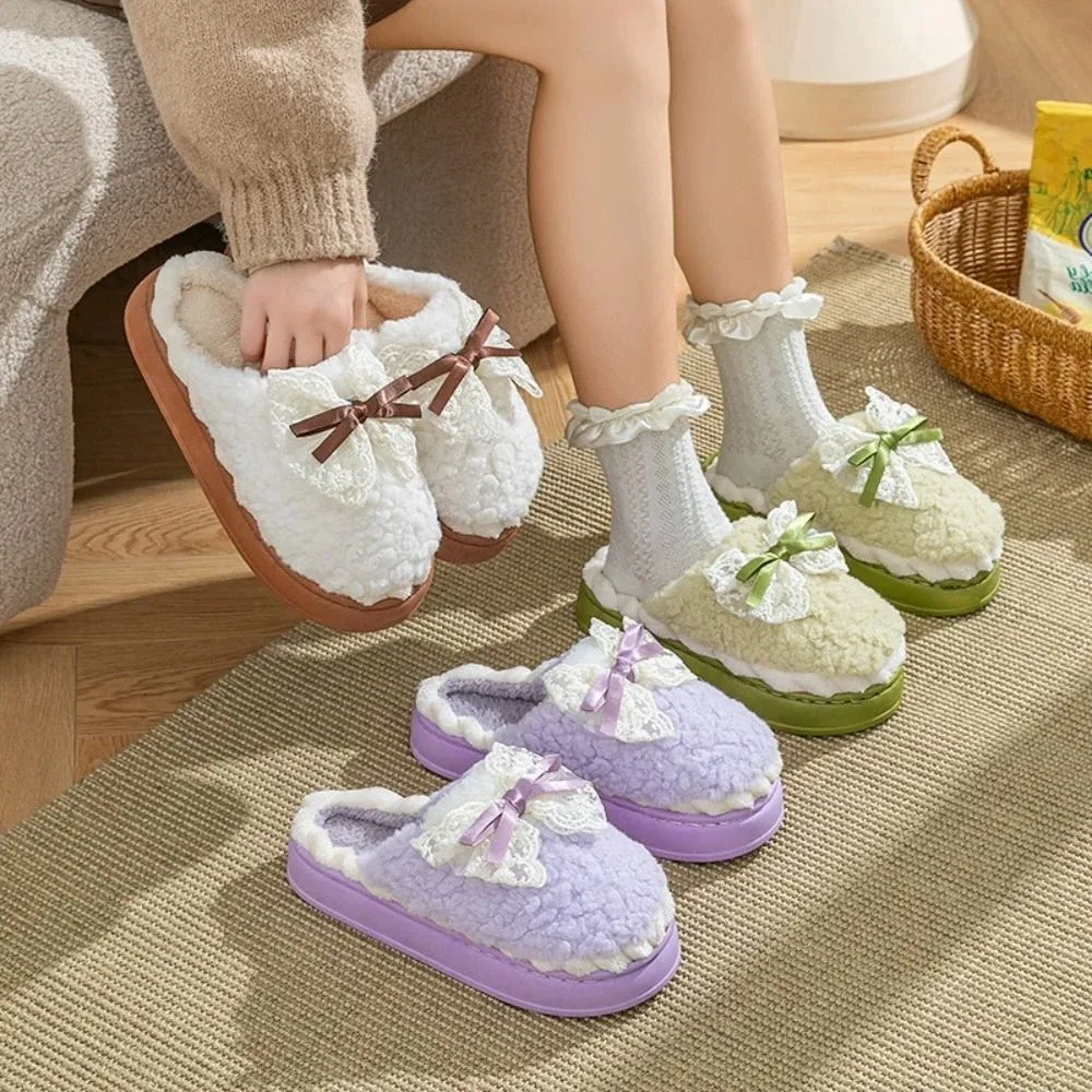 

Candy Color Lace Bow Bowtie Slippers Non-slip Thick-soled Coral Fleece Slippers Household Sweet Thick Warm Slippers Winter
