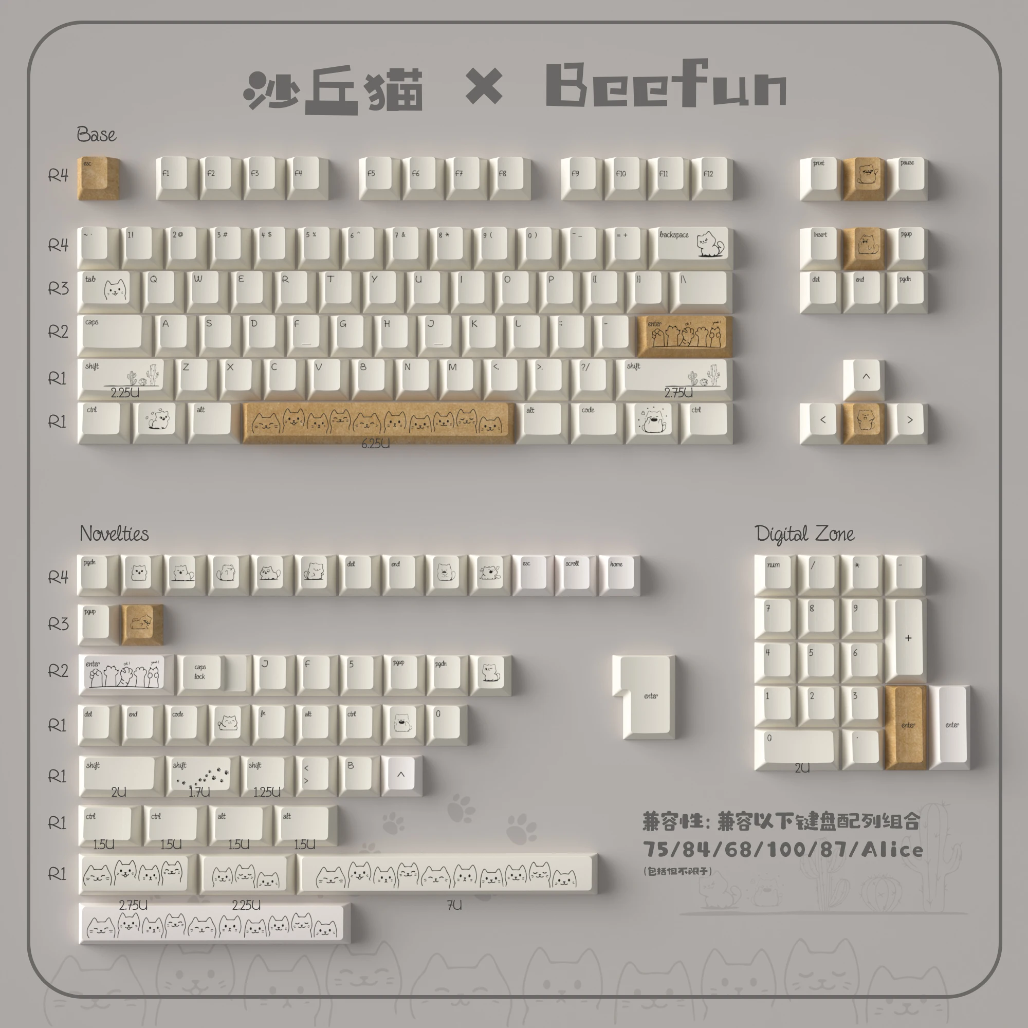 Sand Cat Tastenkappen, PBT-Tastenkappen, Kirschprofil, farbstoffsublimiertes Kätzchen, individuelle Tastaturkappe für MX-Switches, mechanische Tastatur