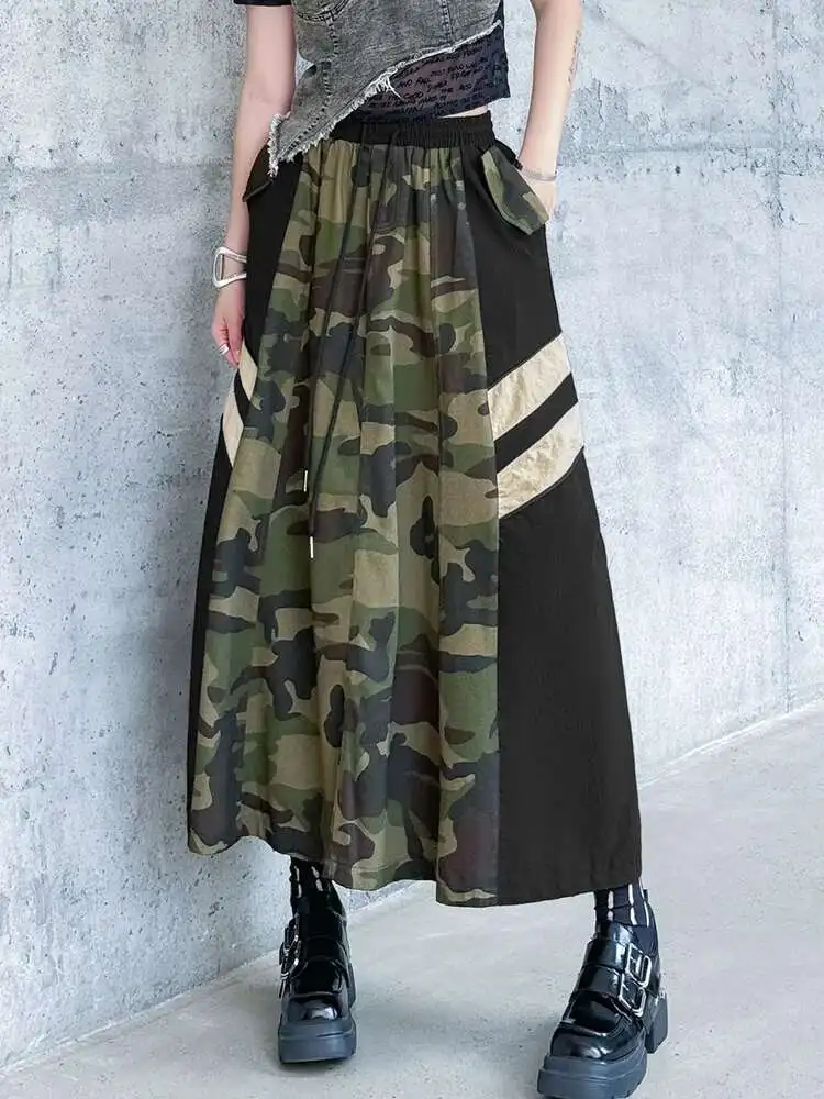 High Elastic Waist Camouflage Color-block Casual A-line Half-body Skirt Women Fashion Tide New Spring Autumn