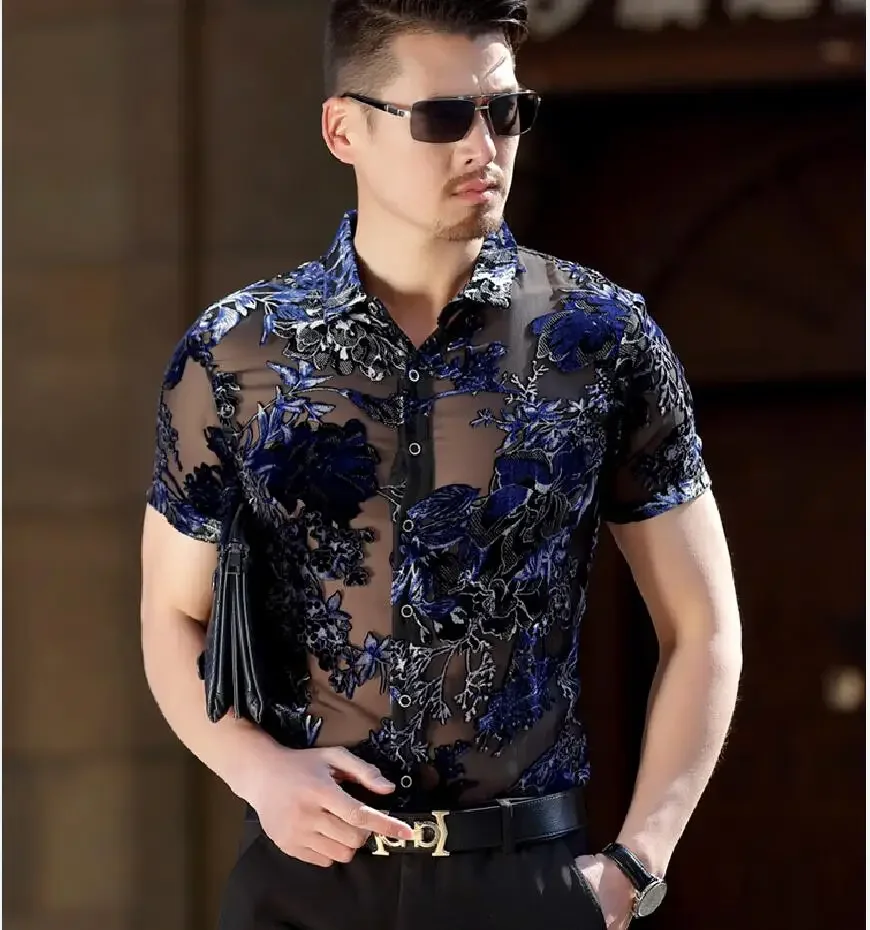 Men\'s Floral Shirt Summer See Through Clothes Male Sexy Transparent Clubwear Short Sleeve Streetwear Dress Shirts