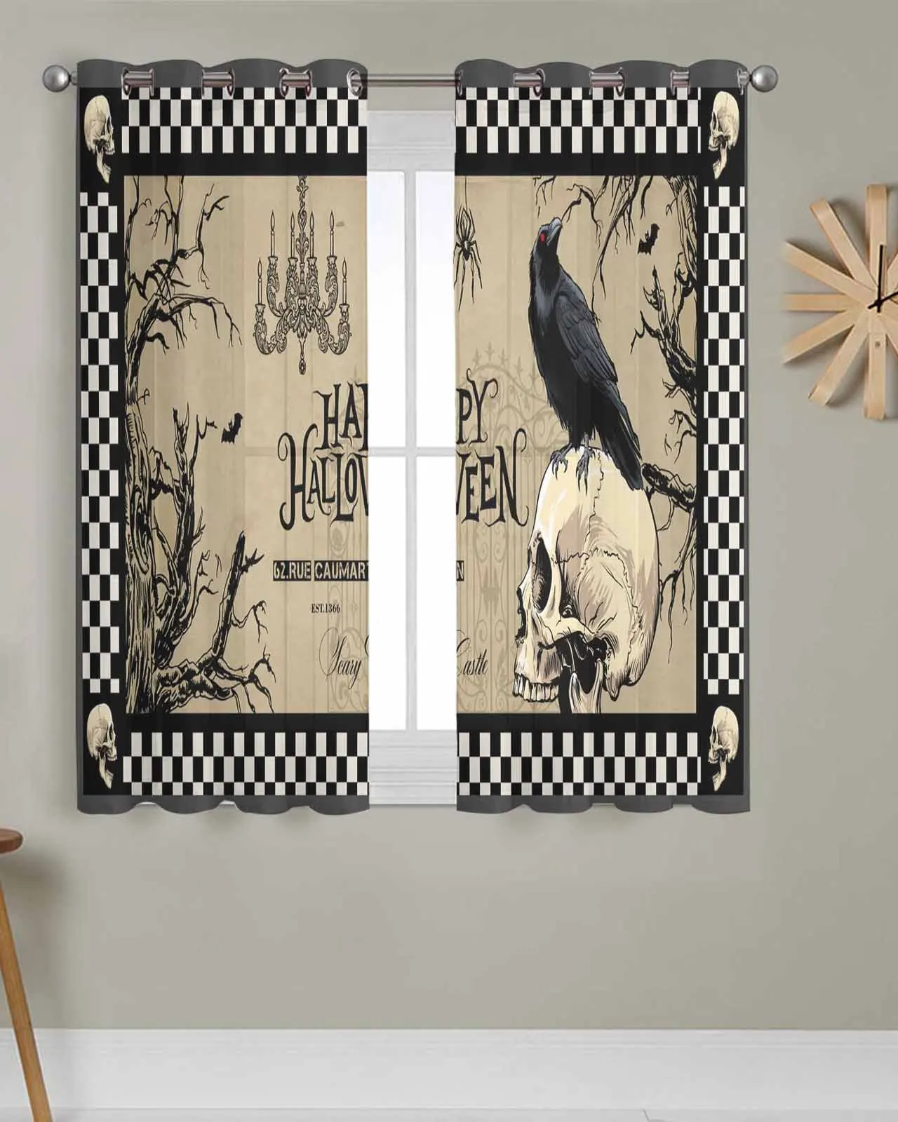 

Tulle Window Curtains Halloween Skull Head Crow Plaid for Living Room Bedroom Transparent Chiffon Sheer Voile Window Curtain