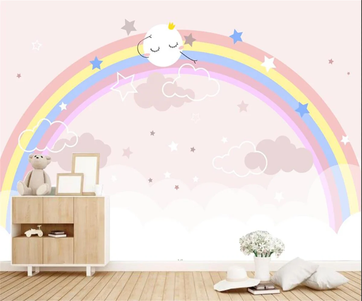 wallpaper Nordic pink starry sky clouds cartoon rainbow children's whole house background wall papel de parede 3d wallpaper