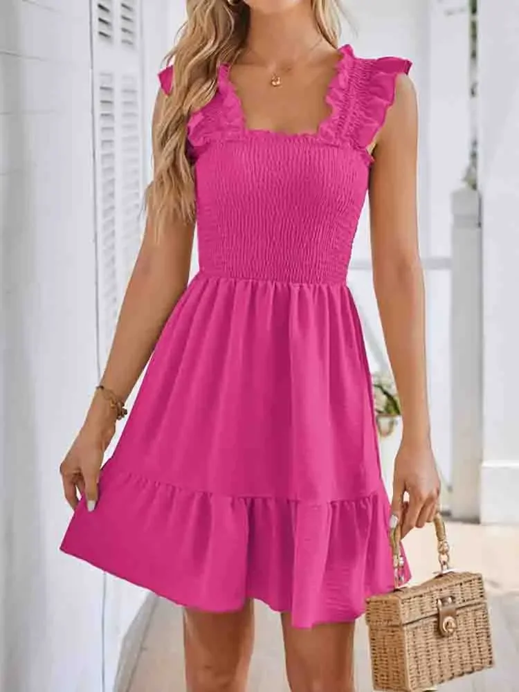 Abito estivo casual Boho da donna, senza maniche, senza schienale, con scollo quadrato, con volant smock, mini abito a trapezio