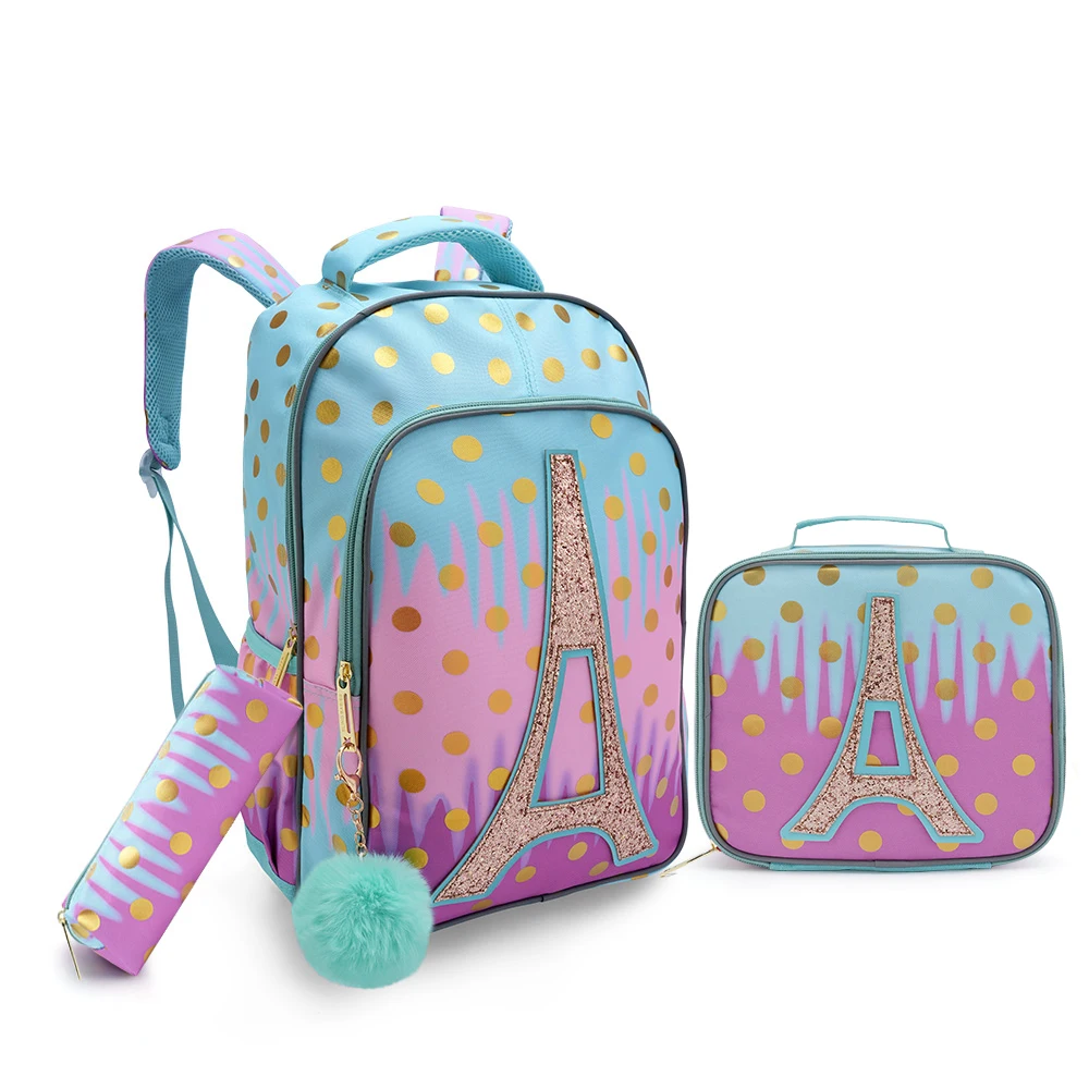 

3PCS set 17" Backpack For Girls, Cute Cartoon Tower Letter Design Bookbag With Lunch Box And Pen Bag, Glow-in-the-dark Function.