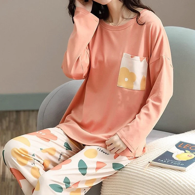 Autumn Women Pajamas Lounge Wear Set  Long Sleeved O-neck Flower Sleepwear Loose Comfortable Printing Breathable Home Pajamas