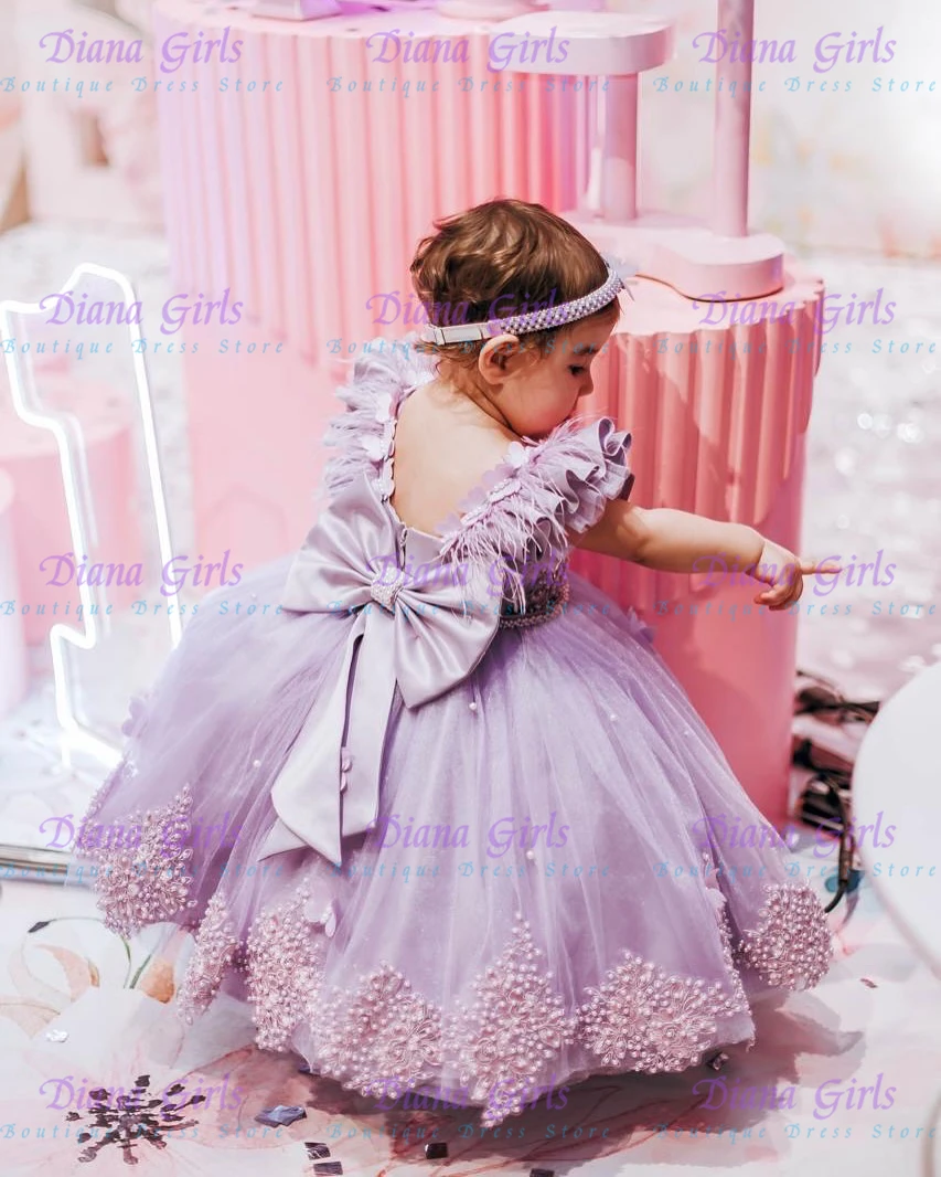 

Lavender Lovely Flower Girl Dress Tulle FLuffy Feather With Pearls Applique for Kids Wedding Birthday Party Evening Ball Gowns