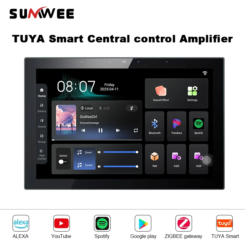 

10 inch TUYA Smart control panel full-screen display WIFI Android11 2 zone Audio 4+32G bluetooths 8x30W sound in wall Amplifier