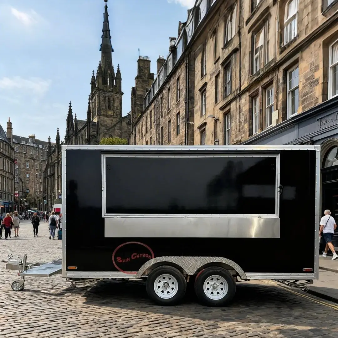 

Outdoor Food Trailer Black Dominated Modern Style Dual-Wheel Design Large Service Window Catering Kitchen Truck
