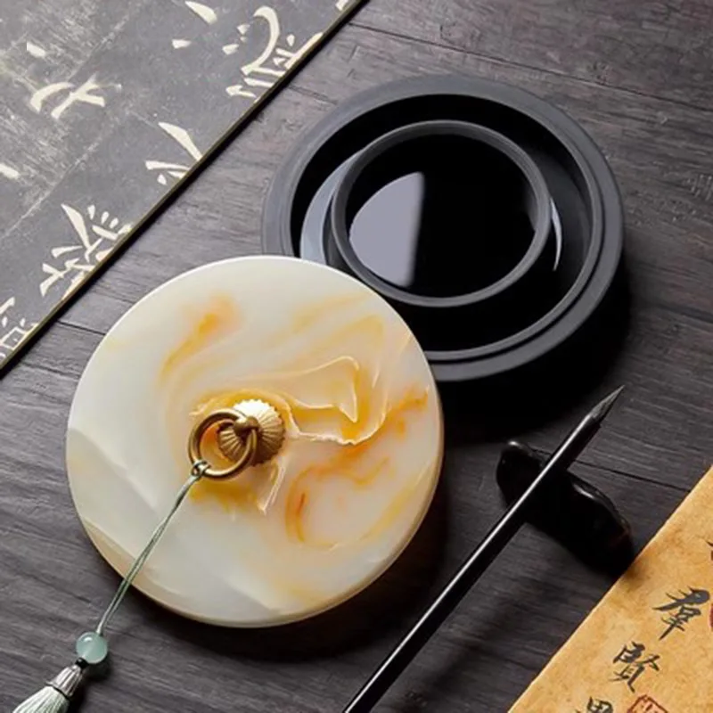 Useful Luo Wen Yan Inkstone Double Circle Shape and No Drying Ink Stone For Chinese Painting Drawing Calligraphy Supply