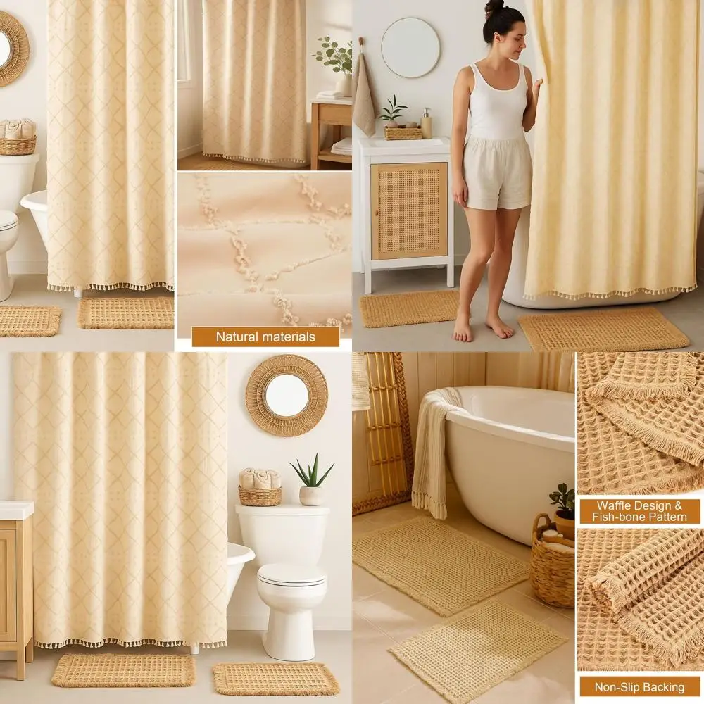 

Boho Style Waterproof Shower Curtain Set with Waffle Rugs and Hooks, 72x72 for Farmhouse Bathroom Decor