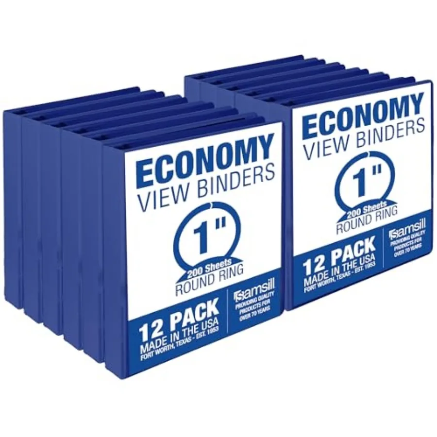 

1 Inch 3 Ring Binders Economy Round Ring Clear View Cover 200 Sheet Capacity - for School Home Office - 12 Pack