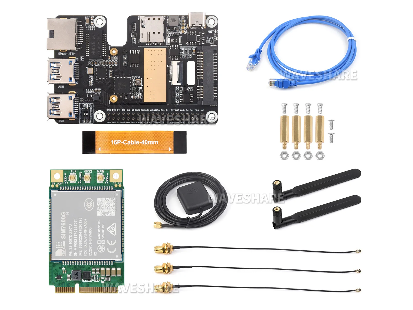 SIM7600G-H 4G GbE USB3.2 HAT+,PCIe To MiniPCIe / Gigabit Ethernet / USB 3.2 Gen1 HAT With SIM7600G-H-PCIE,For Raspberry Pi 5