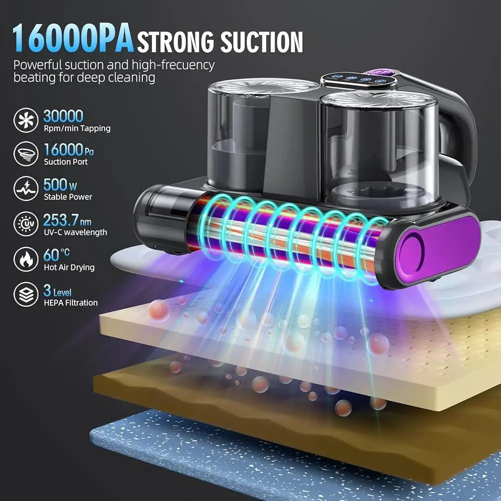 HEPA 필터가 장착된 매트리스 진공 청소기 16Kpa 흡입 UV-C 조명 30000RPM Brushroll 초음파 침대 청소 유선 장치