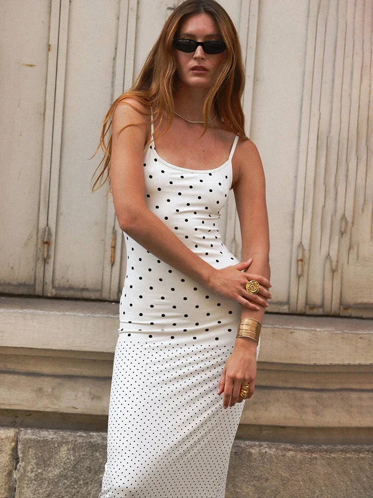 XIAOTANG Spaghetti sangle à pois dos nu Sexy robe Maxi femmes élégant col carré sans manches moulante Club fête longue robe