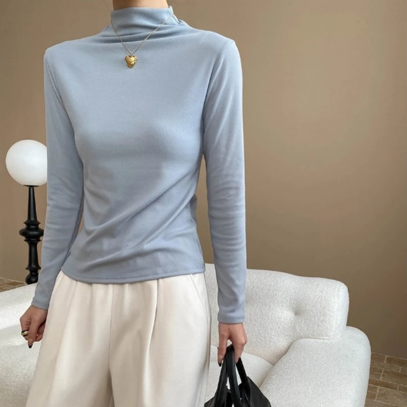 

Women T Shirts Tops Solid Tee Brushed Turtle Neck Long Sleeve Medium Strech Thick Slim Fit Casual Office Lady 2025 Spring Autumn
