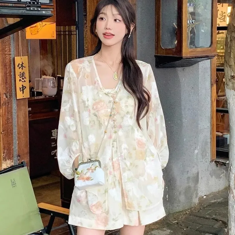 

New Chinese Style Floral Chiffon Sun Protection Shirt Wide Leg Shorts 2-Piece Summer Set