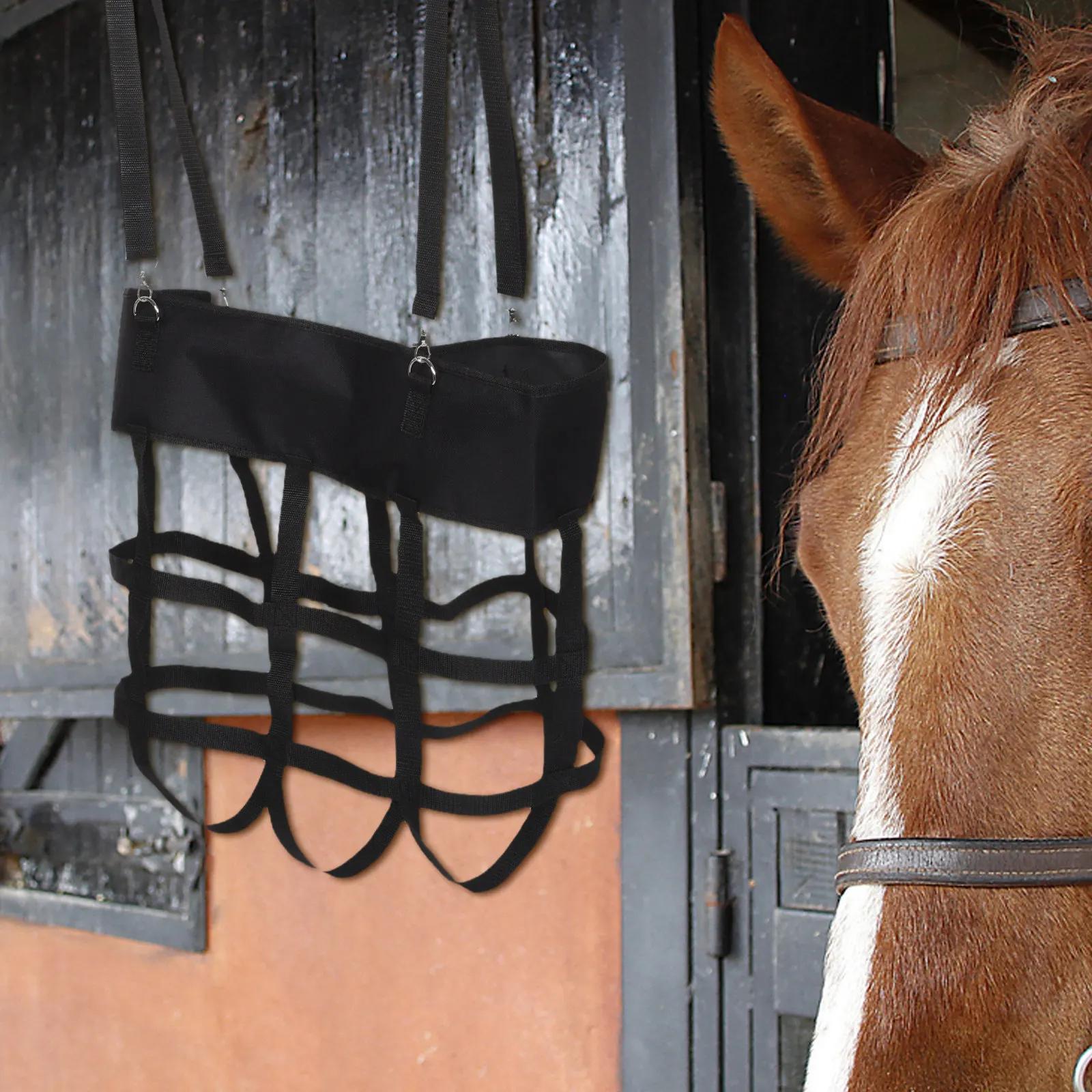 Wall Hanging Adjustable Box Fan Holder for Horse Stall with Integrated Slow Feeder Hay Bag Barn Fan Accessory