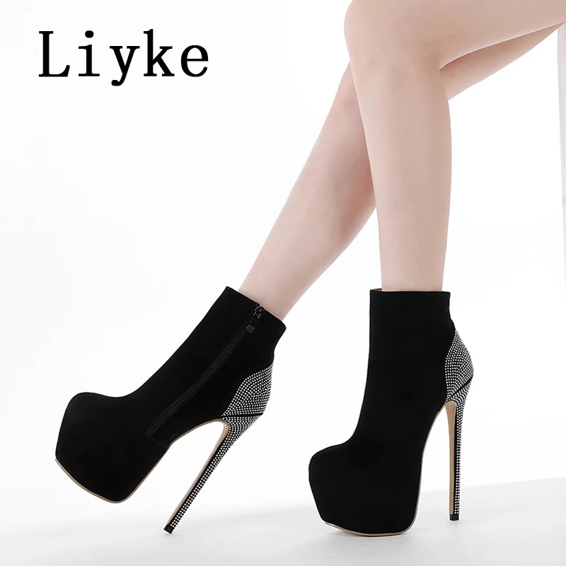 Liyke Black Women Zip Sexy Party Nachtclub Stripper Pole Dance Platform Boots Fashion Crystal Rhinestone High Heels Shoe Size 42