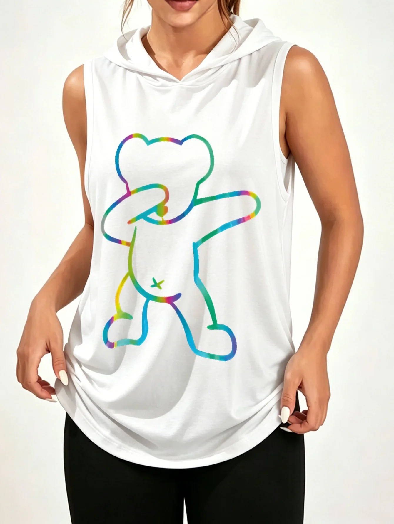 Unisex Color Gradient Dabbing Bear Outline Print Sleeveless Hooded Tank Top Cute Funny Casual Hood Vest