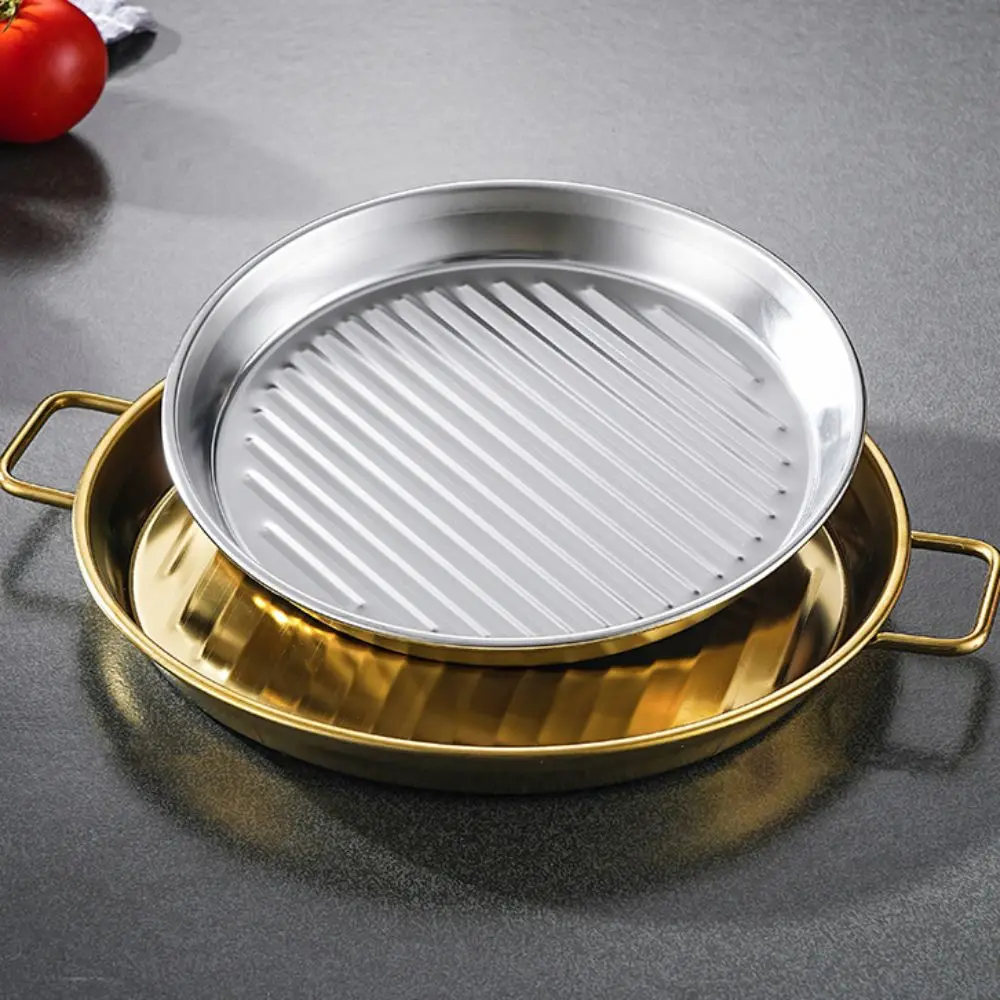 

Stainless Steel Pizza Pan Binaural Handle Gold/Silver Food Serving Plate Stripe Anti-stick Pattern Stackable Fried Chicken Tray