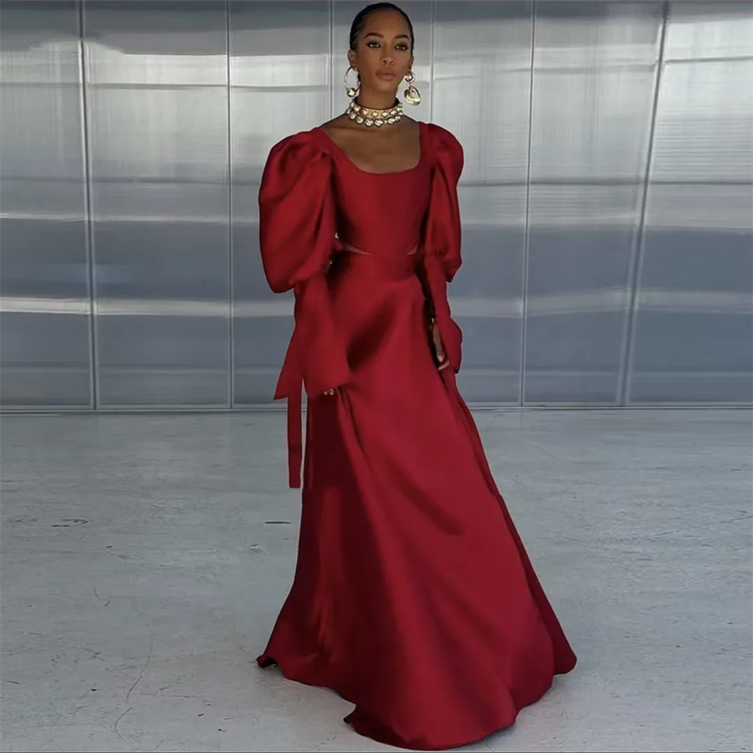 Aleeshuo Simple Red Satin Long Sleeves Prom Dress Sexy Square Collar Pleat Backless Party Dresses Floor-Length 2025 Customized