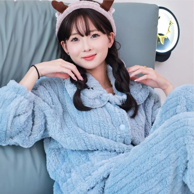 2024 New Coral Velvet Pajamas Women Autumn Winter Loungewear Long Sleeved Thickened Sleepwear Plush Warm Flannel Homewear Set