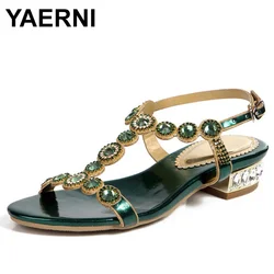 YAERNI  Women Green Rhinestone Sandals T-strap Square Heel 2.5cm Low-heeled Sandals Party Shoes Back Buckle Big Size34-44