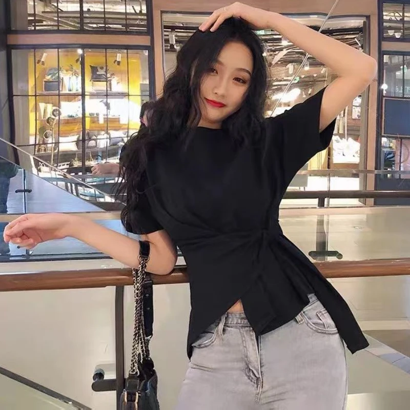 T-shirts Women Bandage Fashion Irregular Design Streetwear All-match Simple Elegant Korean Style Leisure Personality Tender Ins