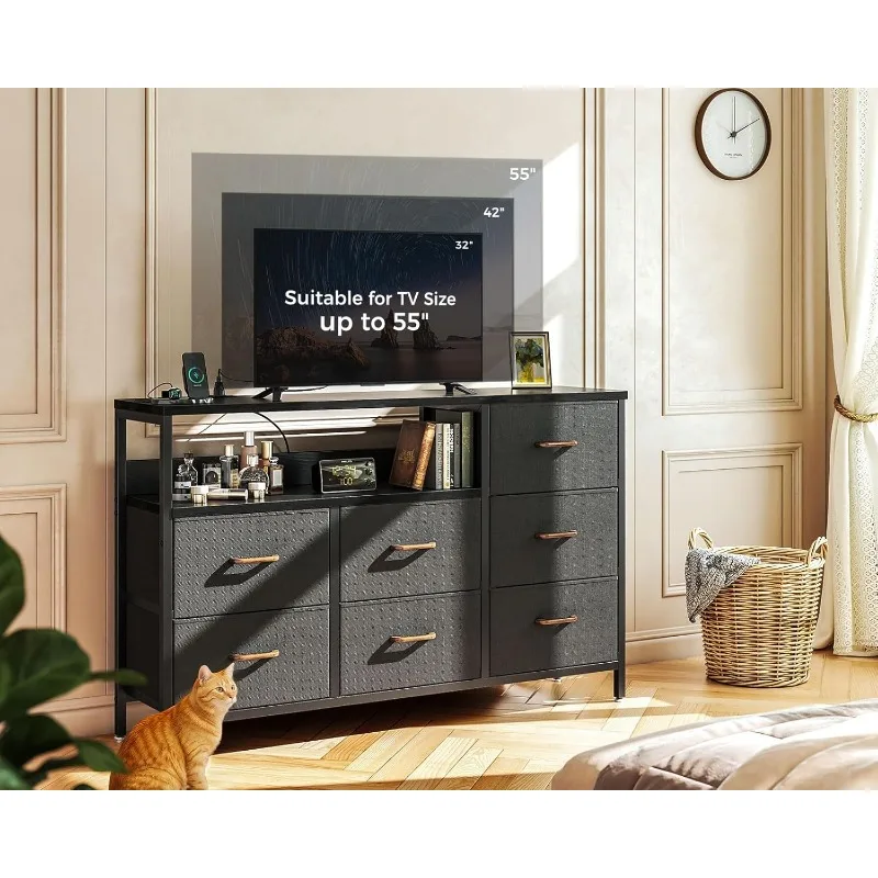 

Dresser with Charging Station, 52-Inch Long Dressers for Bedroom with 7 Large Fabric Drawers