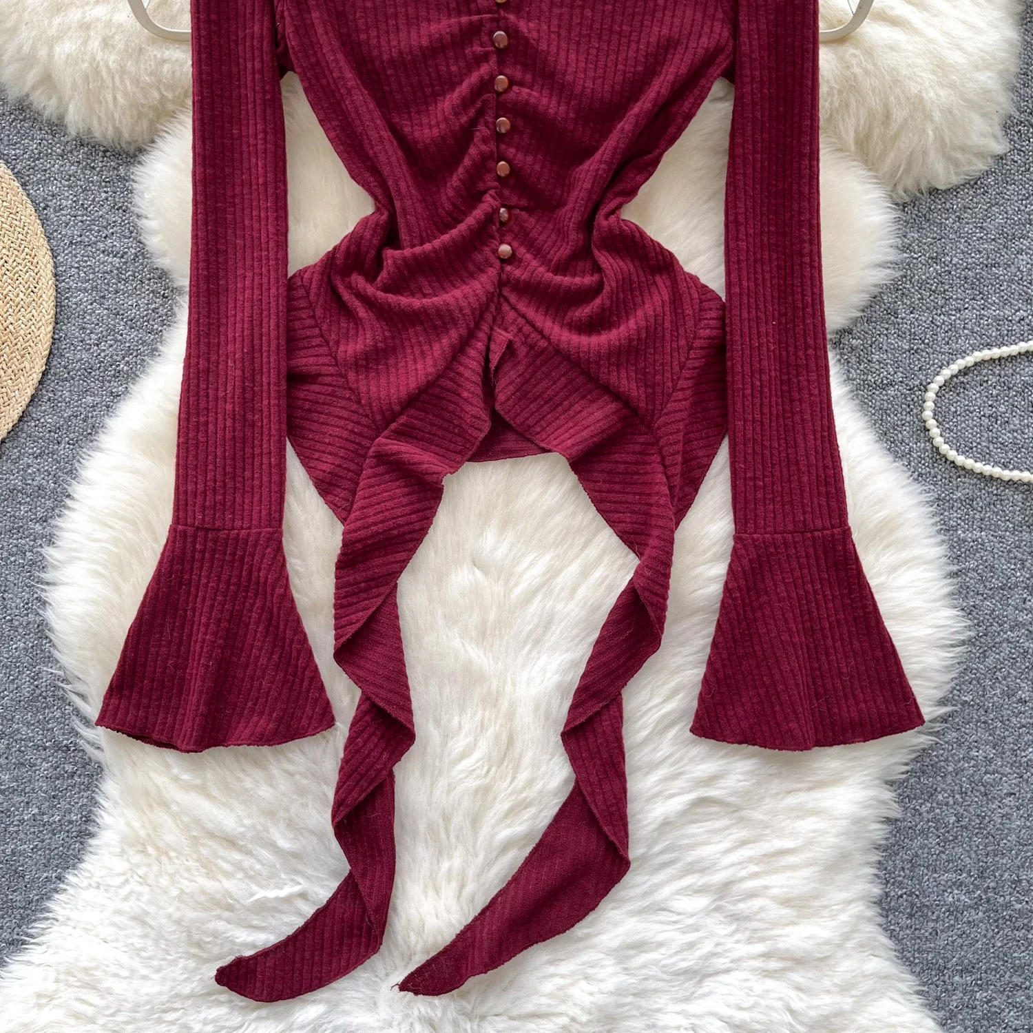 Vintage V-neck Pleated Slim Long Flare Sleeve Chic Button Top Women Korean Streetwear Casual High Street Autumn Winter Clothing