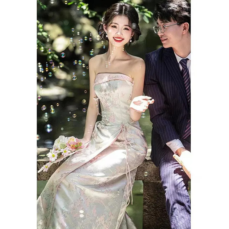 New Chinese-style morning dress strapless light luxury and niche cheongsam toasting