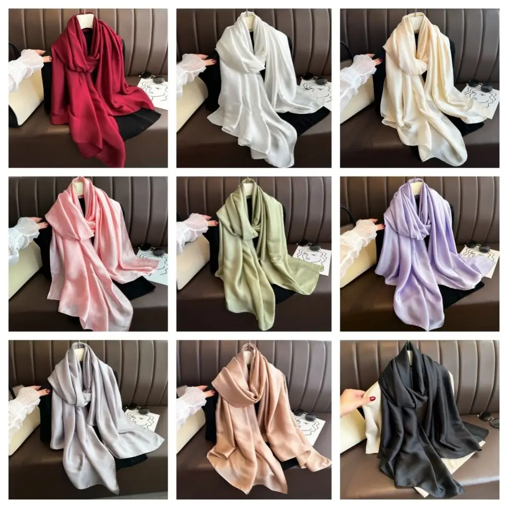 Breathable Spring Satin Scarf Polyester Silk Big Yarn Shawl Smooth Sweat-absorption Solid Color Headscarf Clothing Accessories