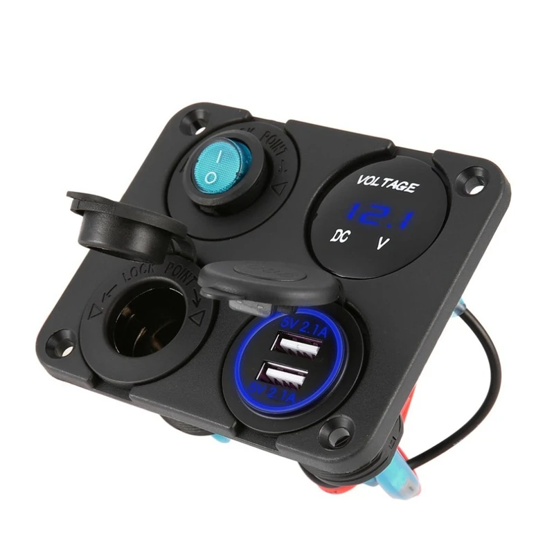 4 In 1 Dual USB Ports Charger, LED Voltmeter, 12V Power Socket And On-Off Switch For Car,Boat & RV LED Switch Panel Blue