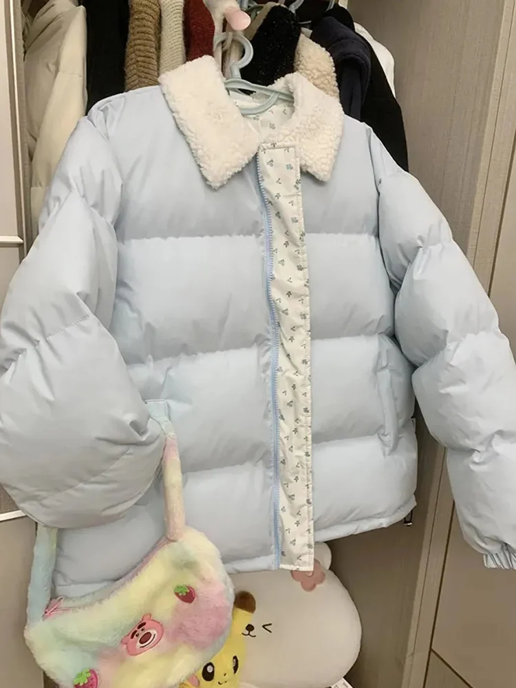 Zoki الأزرق الأزهار المرقعة سترات المرأة الكورية الحلو شتاء دافئ منتفخ معطف عادية كم طويل فضفاض نمط Preppy سترة قطن